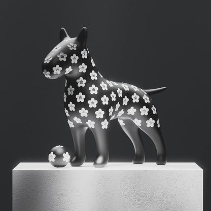 KAMOU Bull Terrier Luxury Art Toy with cherry blossom Inlay Patterns on Display Pedestal